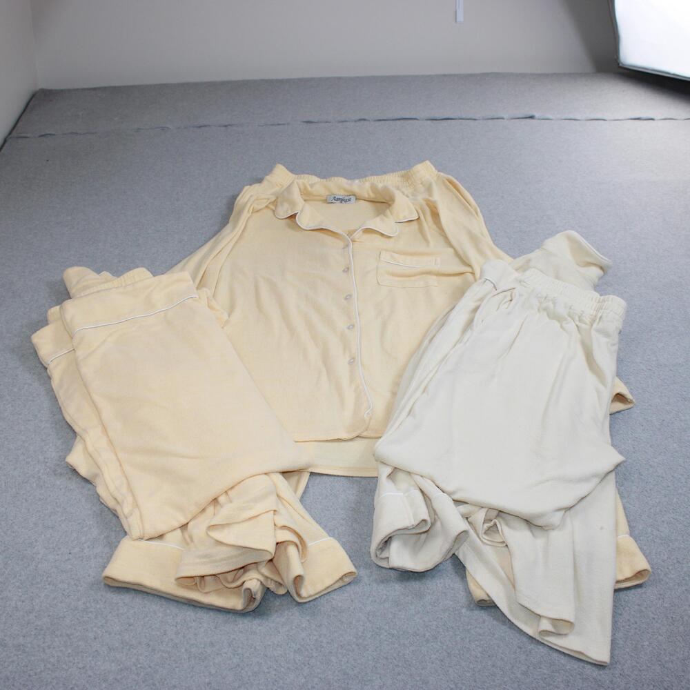 Aamikast Soft Knit Pajama Set Women Medium Yellow Cream Shirt Pants Comfy x 3